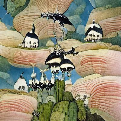 Goblin Airships Departing Mushroom Village in Fantasy Style