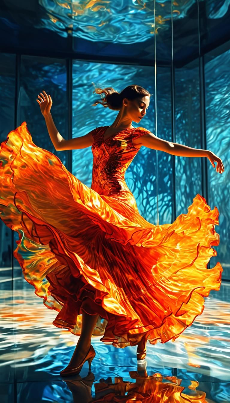 Amazingly gorgeous flamenco dancer with dress of flames spin...