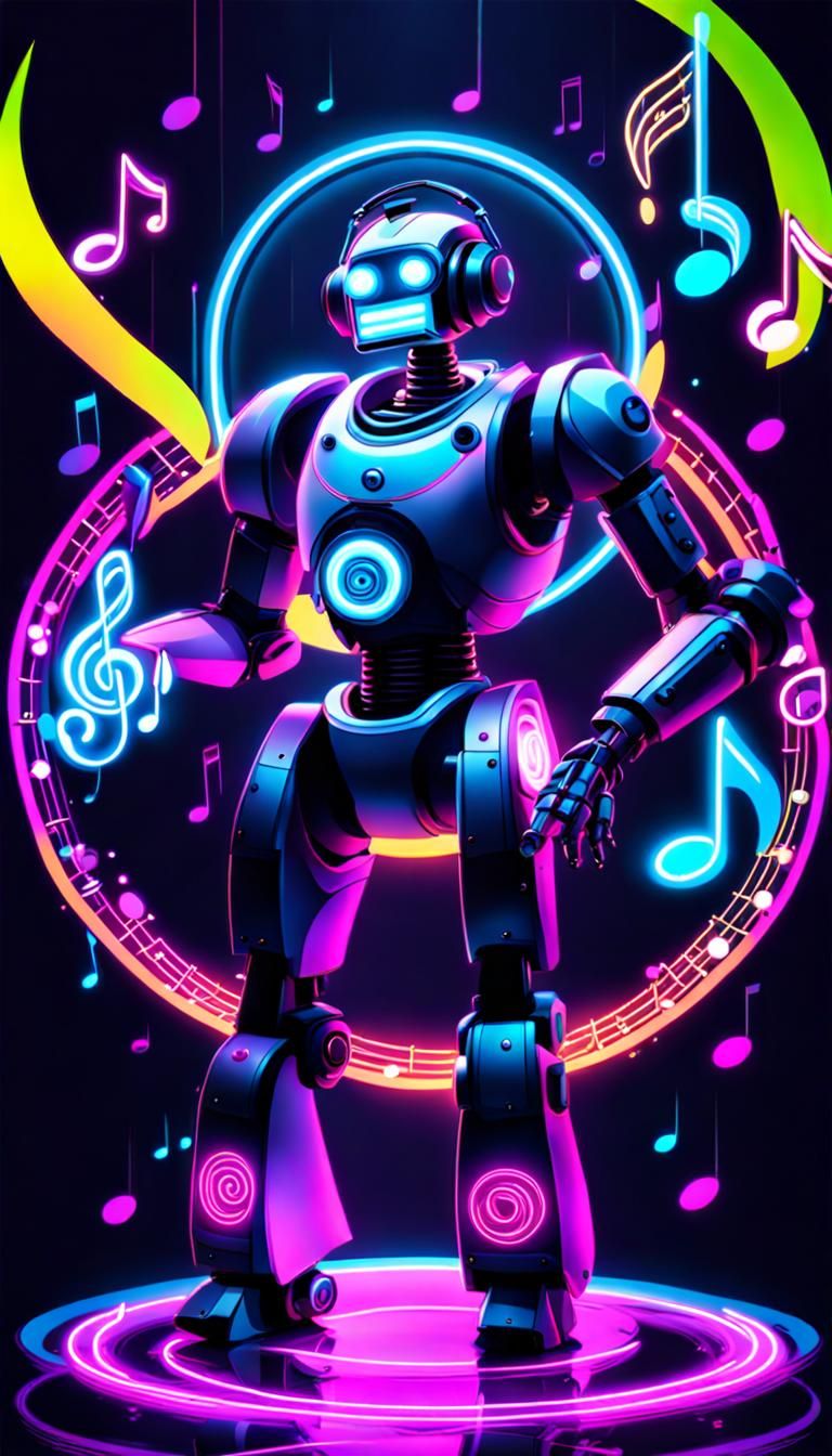 Neon Music Notes Encircling Singing Robot