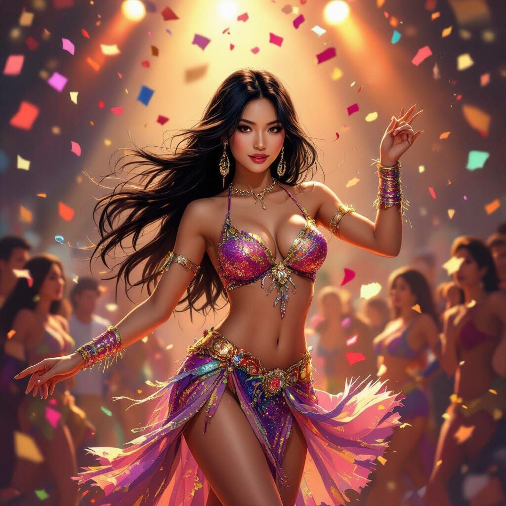 Samba Dancer in Sequined Costume Under Confetti
