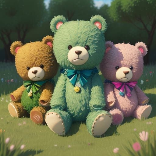 Cute Teddy Bears on Grassy Hill in Whimsical Style