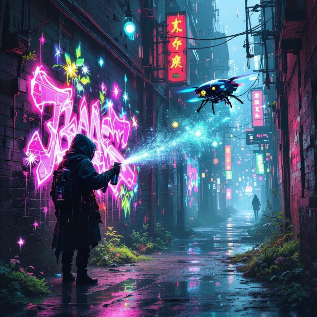 Cyberpunk Artist Creates Magical Graffiti in Neon City