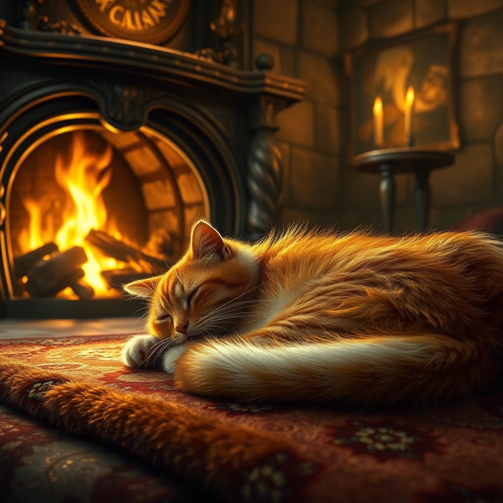 Orange Cat Napping in Mystical Firelight