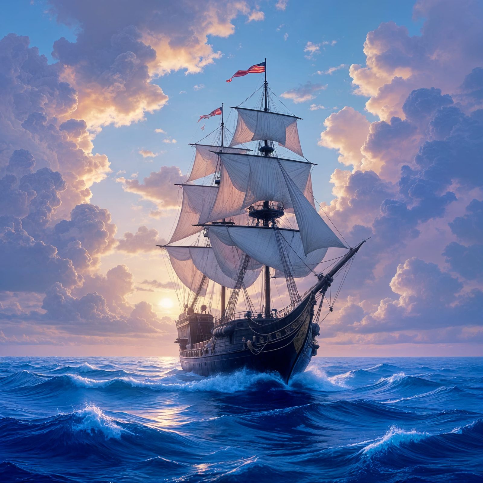 Ship Sails Through Clouds Like an Ocean in Surreal Dreamscap...