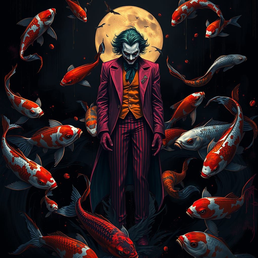 Joker and Koi Fish in Abstract Cubism Style