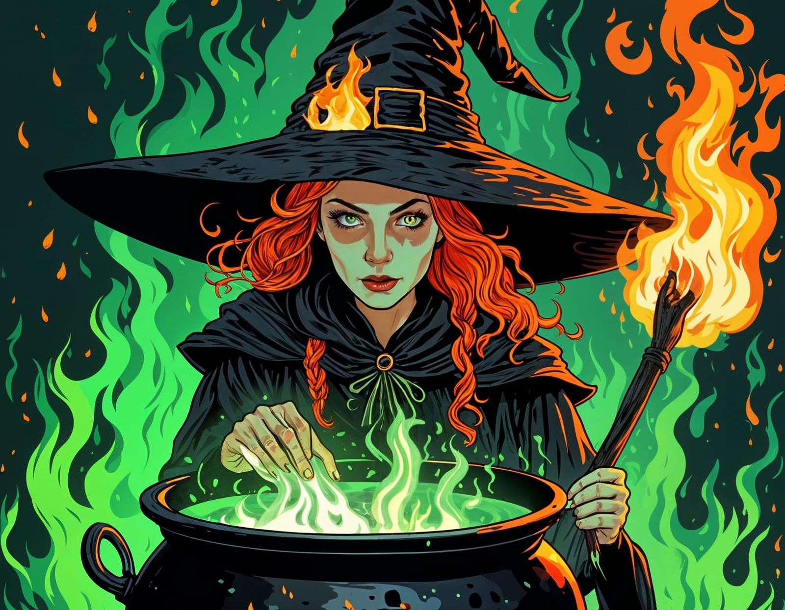 Eerie Witch with Glowing Eyes by Cauldron