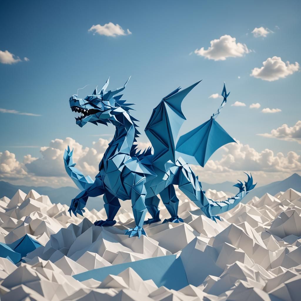 Origami Dragon Soaring in a Blue Sky