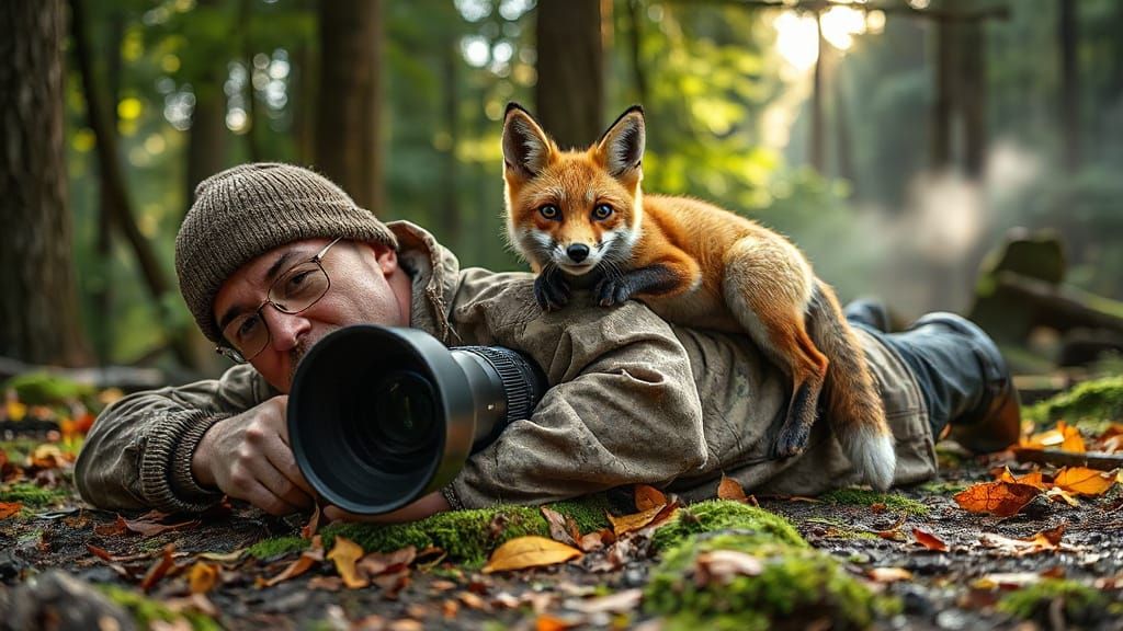 Photographer Hiding in Forest with Fox Companion
