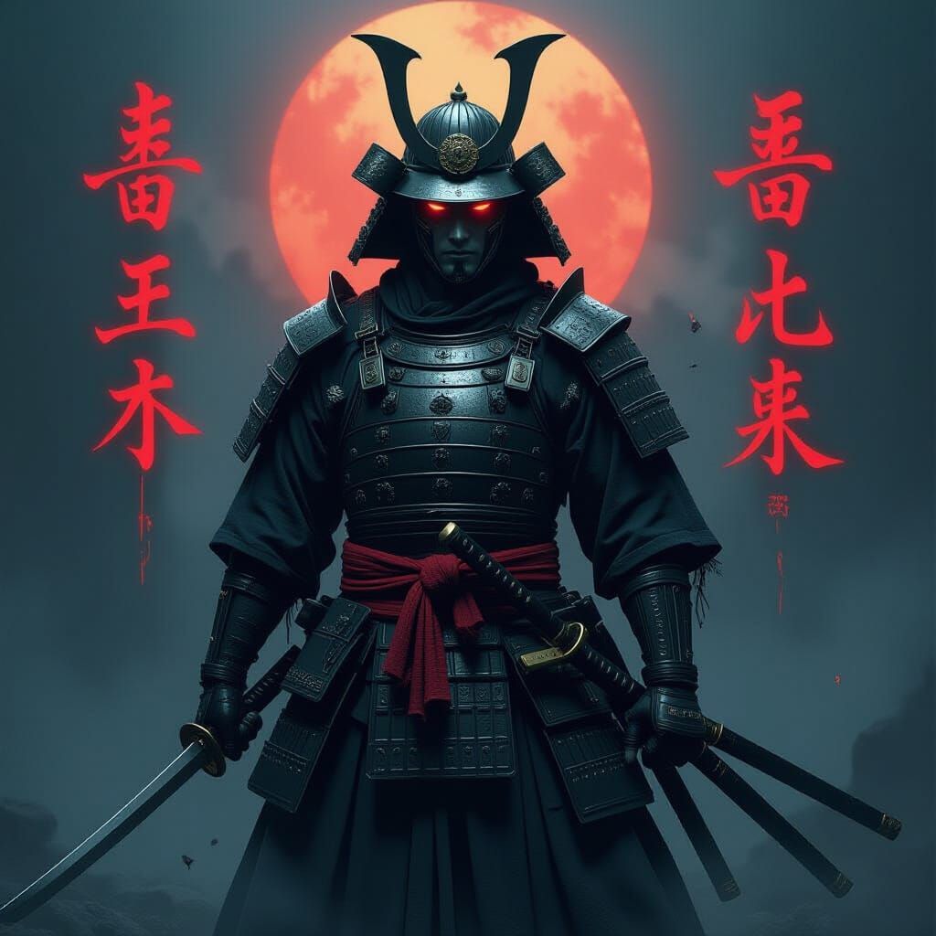 Mysterious Samurai in Ominous Darkness with Glowing Kanji