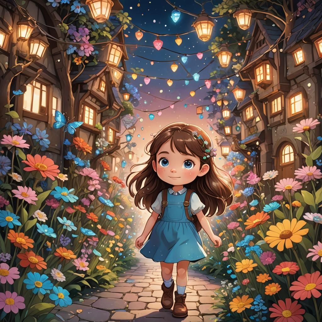 Joyful Girl in Fantasy World, Ghibli-Inspired Cartoon