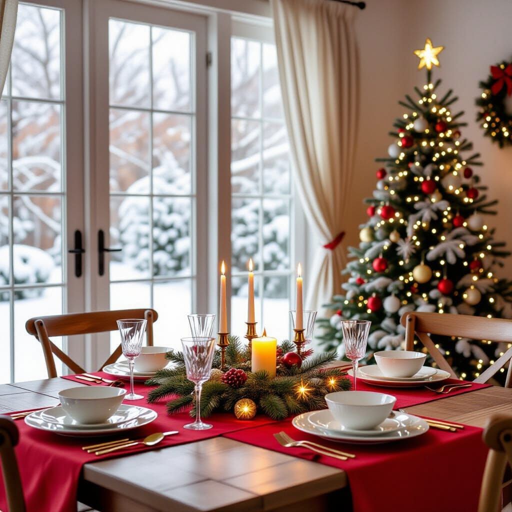 Cozy Christmas Dining Room with Family and Snowfall