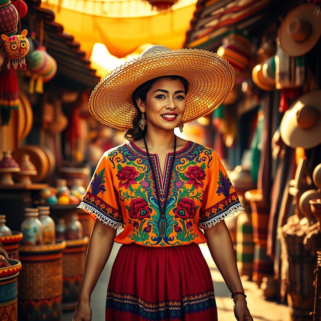 Vibrant Woman in Mexican Market Scene, Inspired by Frida Kah...