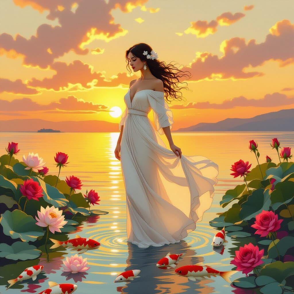Woman, Lotus Flowers, Koi Fish, Sunset: Art Nouveau Style