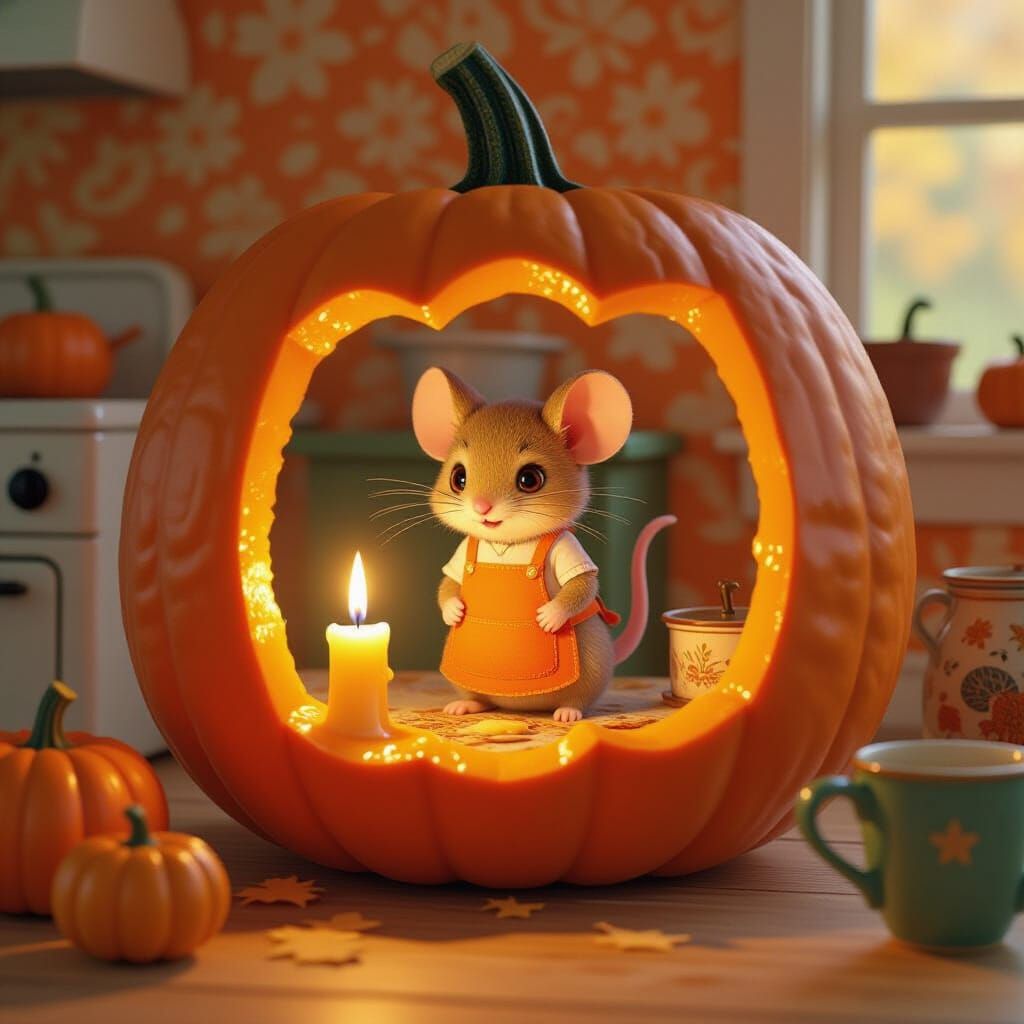 Mouse's Autumn Kitchen Inside a Jack-o-Lantern