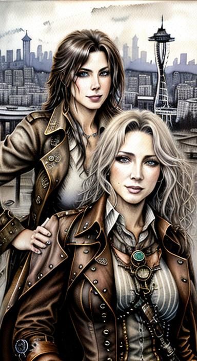 Steampunk Cowgirl Portrait with Seattle Skyline