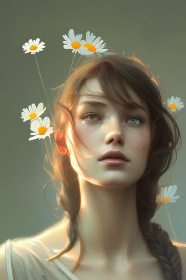 Woman Surrounded by Daisies: Hyperdetailed Portrait