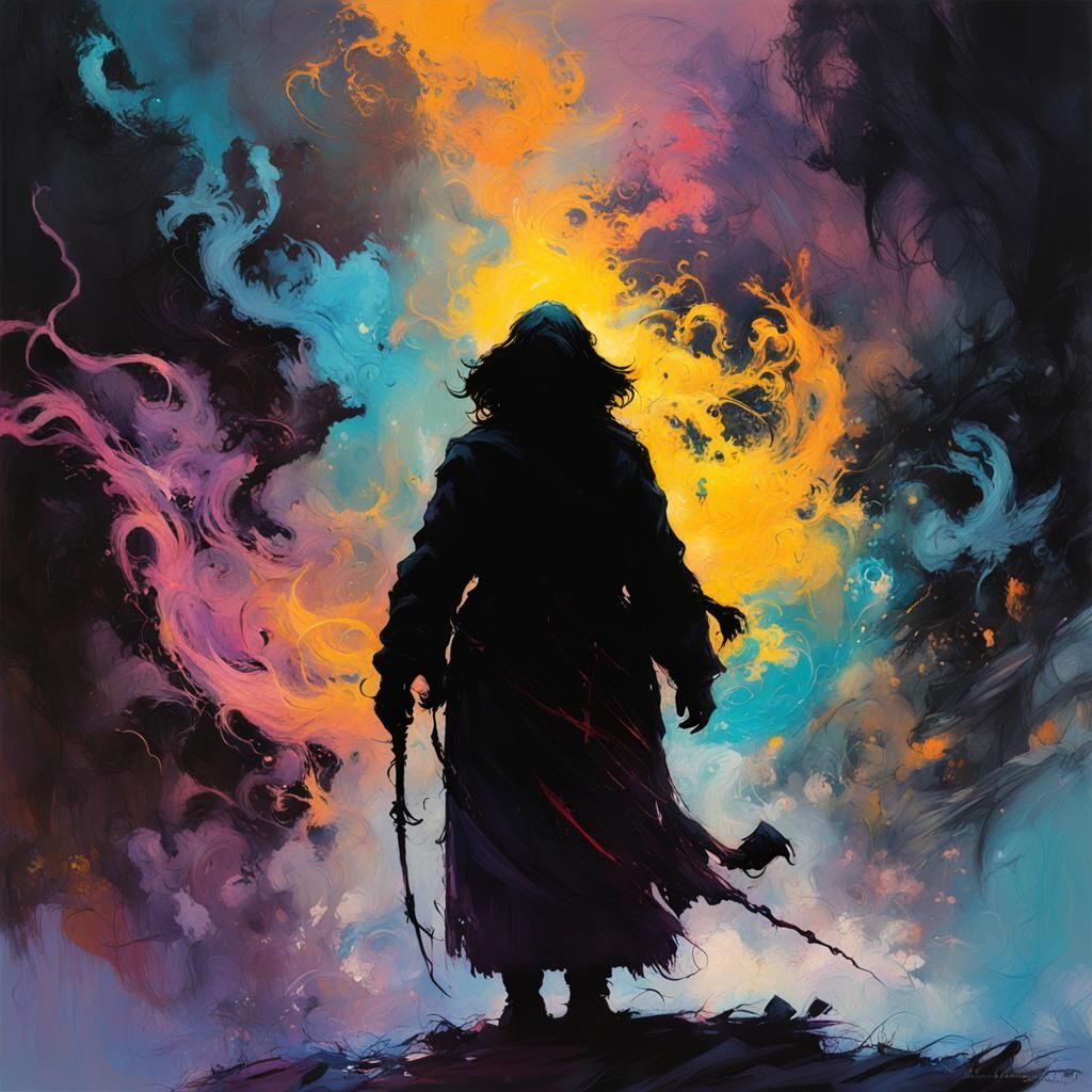 Female Wizard Silhouette in Tachisme Dynamic Brushwork
