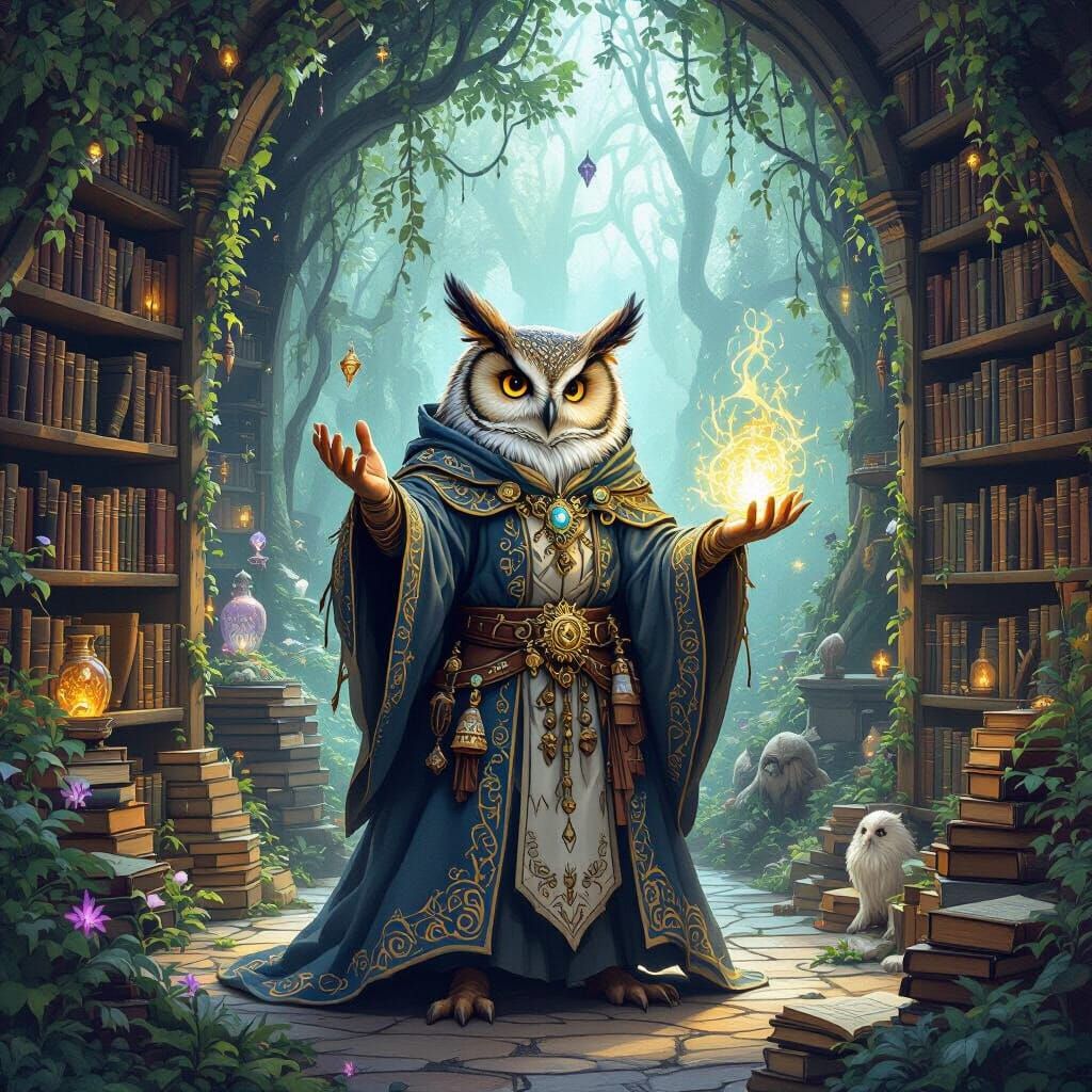 Owl Mage Casting Spell in Forest Library