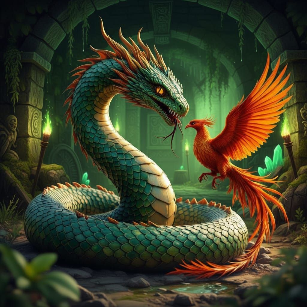 Basilisk Serpent Devours Phoenix in Hyperrealistic Detail