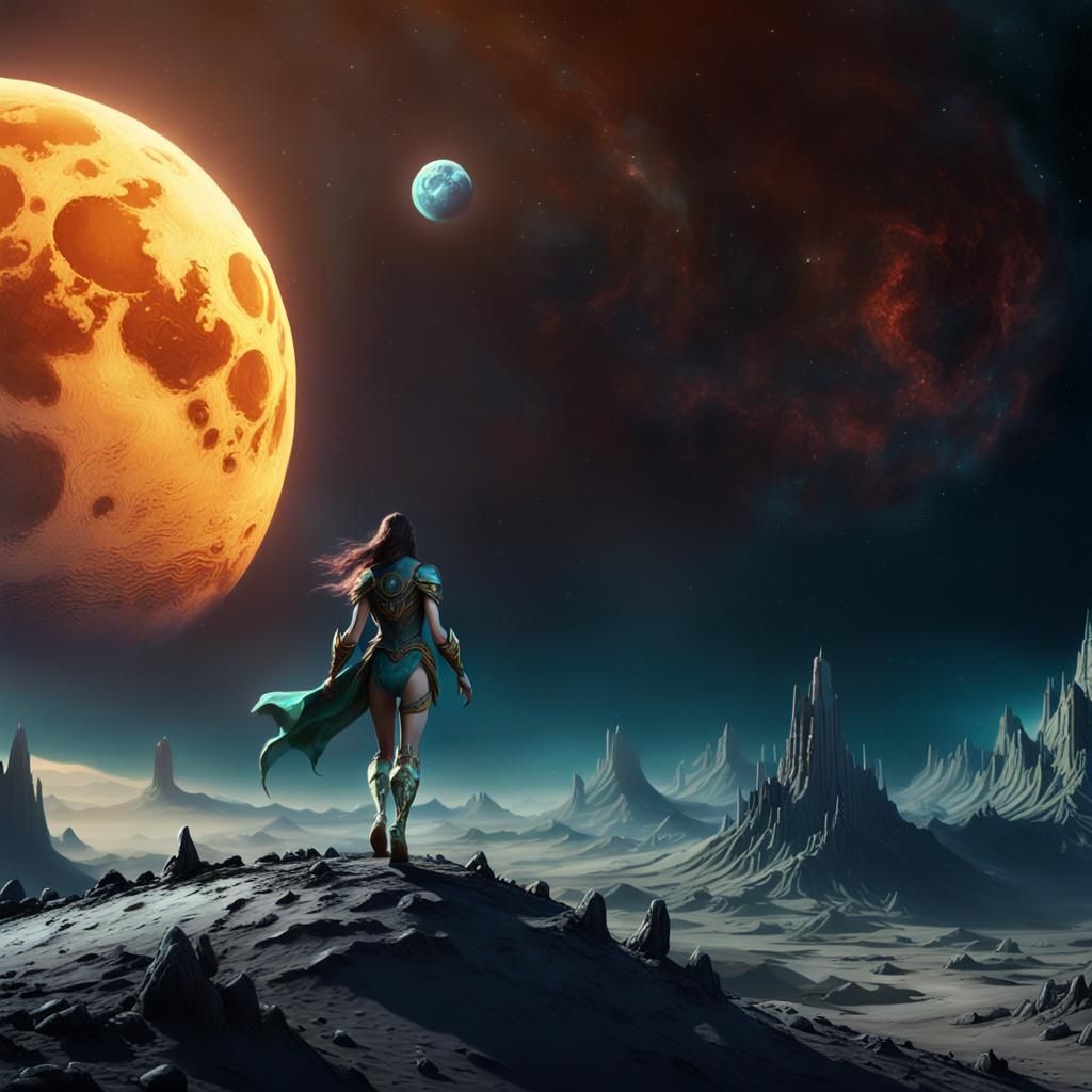 Amazon Woman Walks on Moon, Fantasy Art