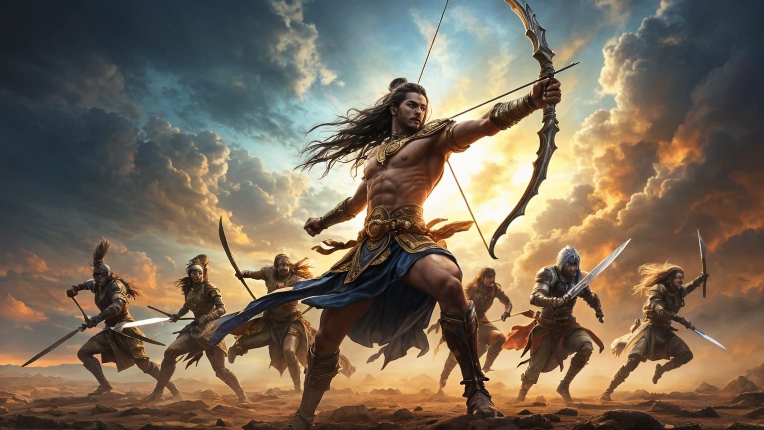 Arjuna in Epic Battle: Dynamic Digital Illustration