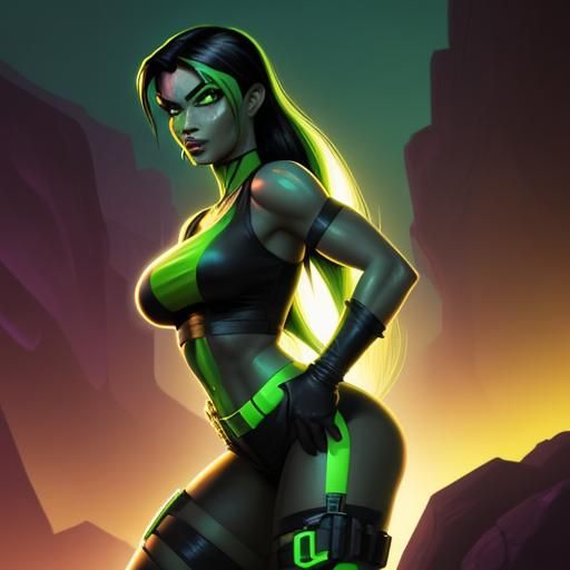 Shego as Lara Croft in Synthwave Neon Style