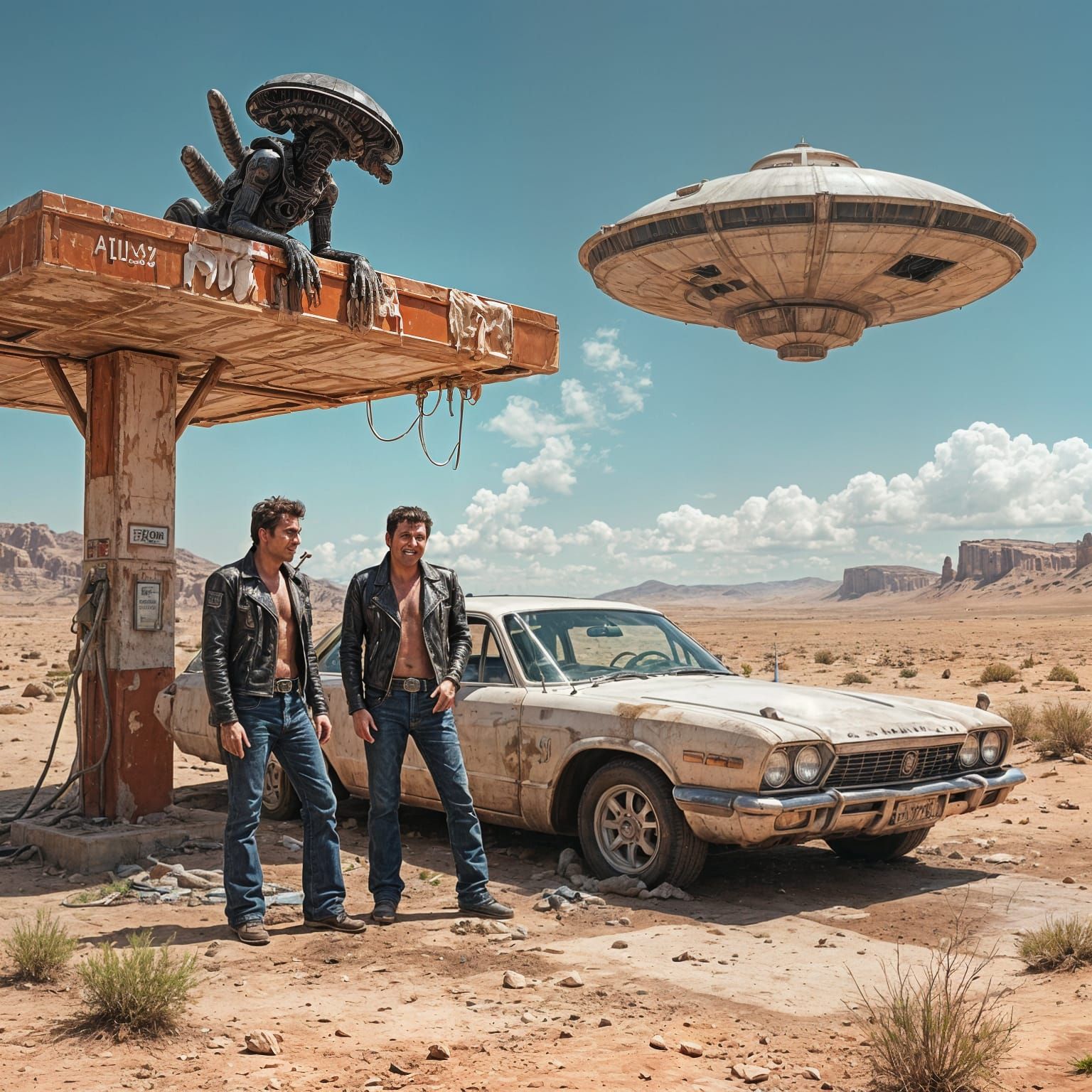 Martian Carwash with Xenomorph in Sci-Fi Rockabilly Scene