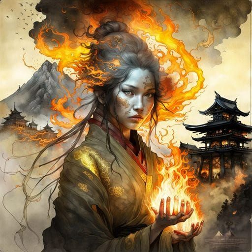 Fire Mage and Mountain Temple Double Exposure Portrait