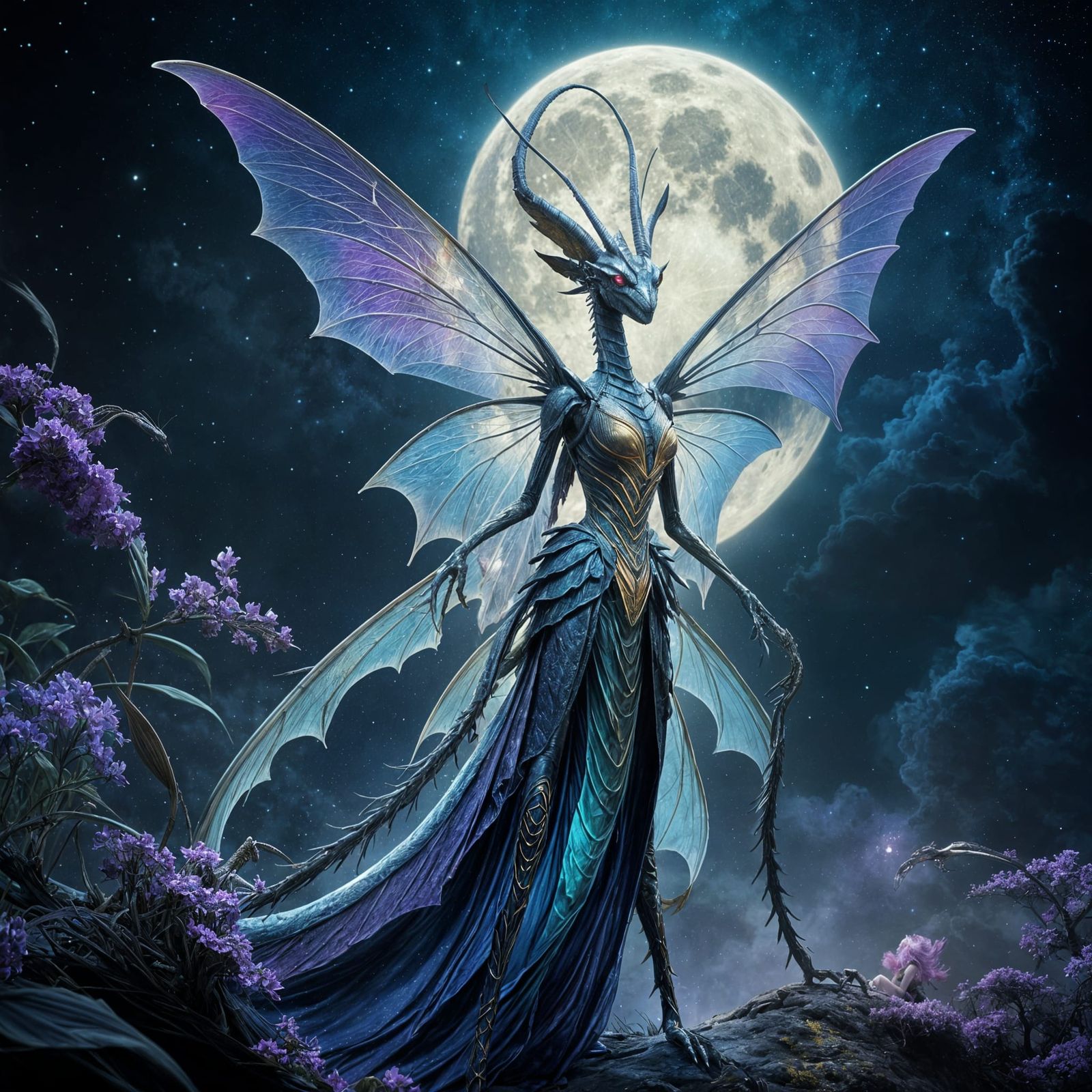 Dragon Mantis Fairy Prays Under the Moon