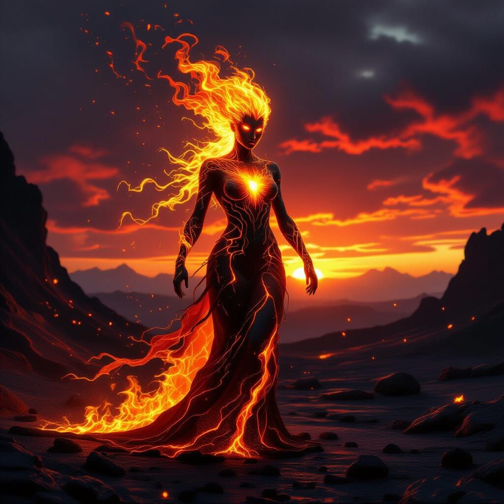 Fiery Elemental Figure on Volcanic Terrain at Sunset