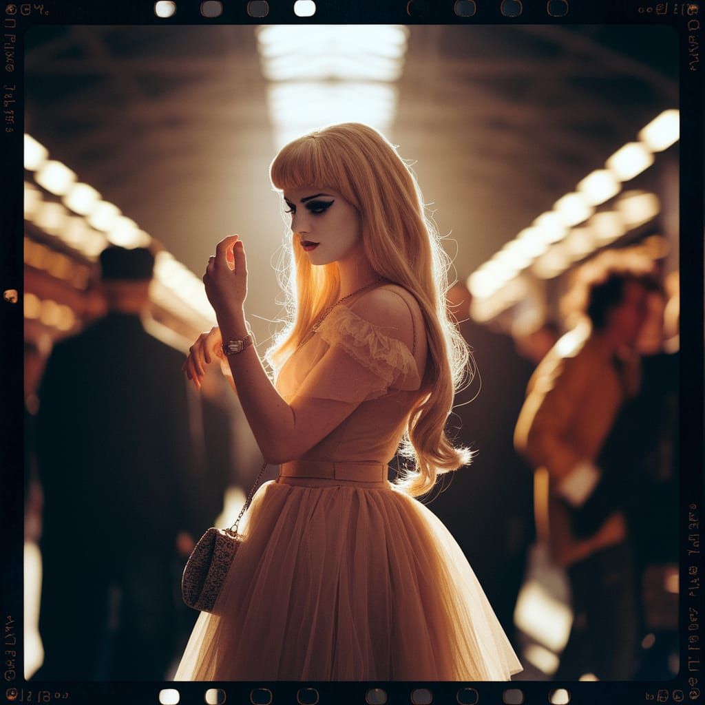 Elegant Young Figure in Train Station, Golden-Age Photograph...