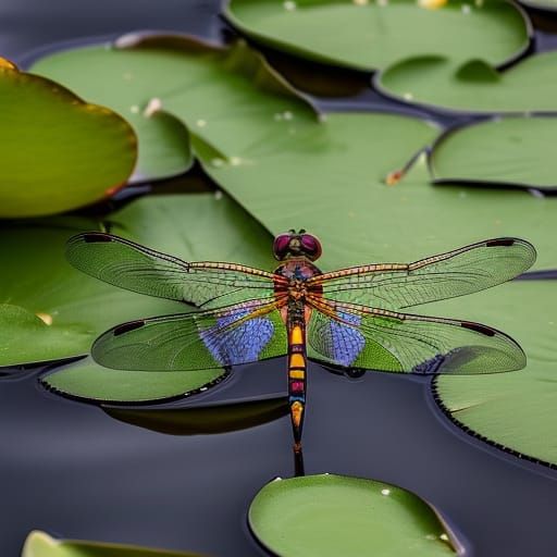 Dragonfly on Water Lily: Hyperdetailed Close-Up