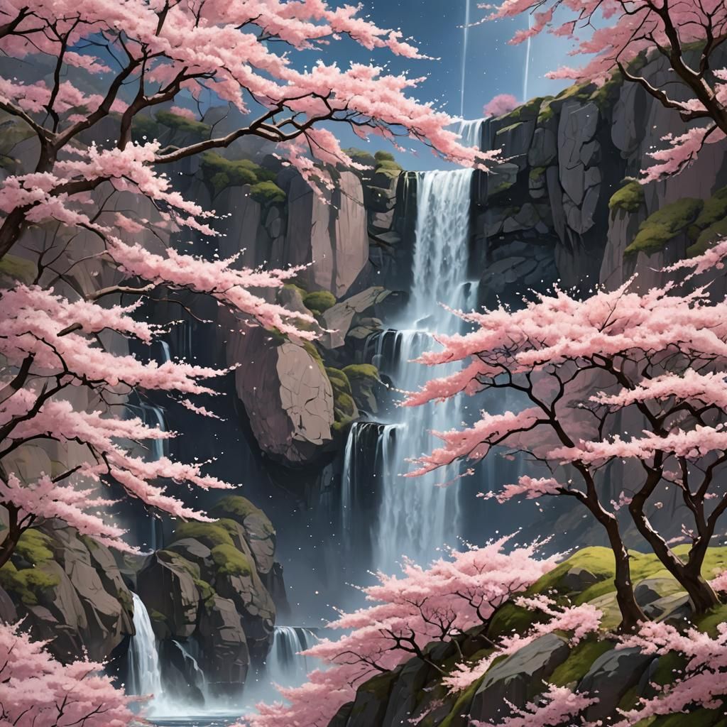 Sakura Tree and Waterfall in 3D Anime Style