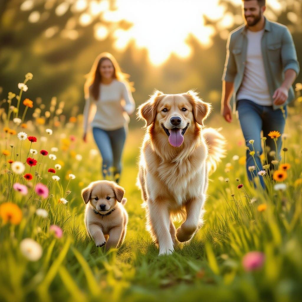 Golden Retriever Carries Puppy in Sun-Dappled Meadow
