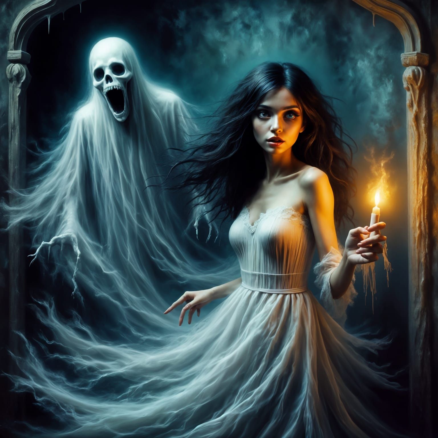 A Woman Recoils in Horror as a Male Ghost Emerges from the M...