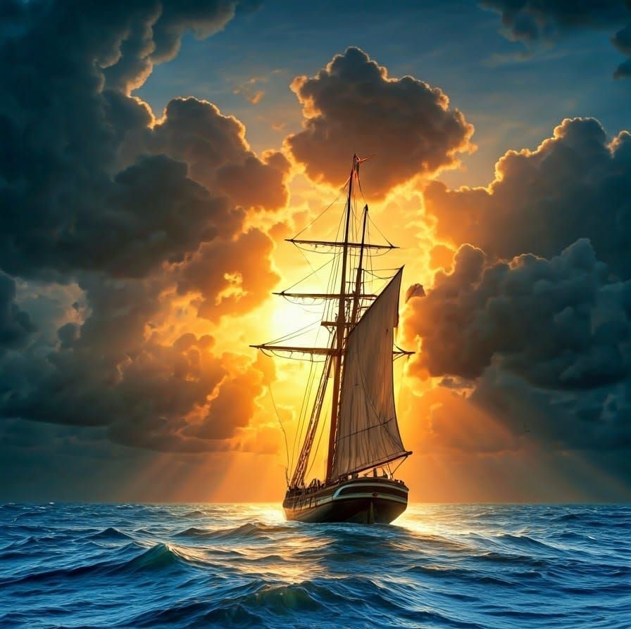 Stormy Seas: 18th Century Schooner in Dramatic Lighting