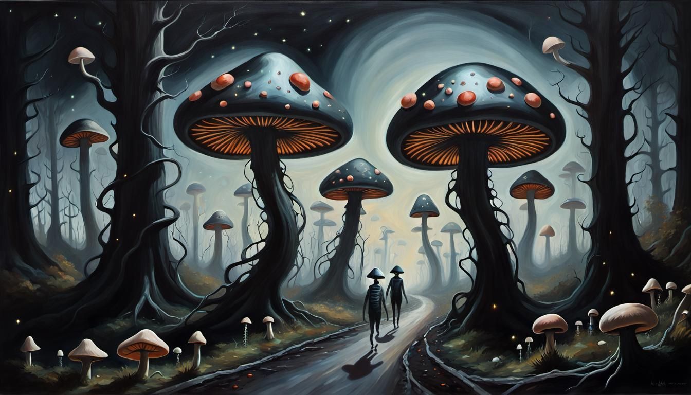 Retro Atomic Painting of Insect-like Humanoids