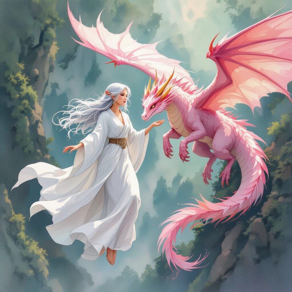 Woman and Dragon in Flight, Watercolor Style