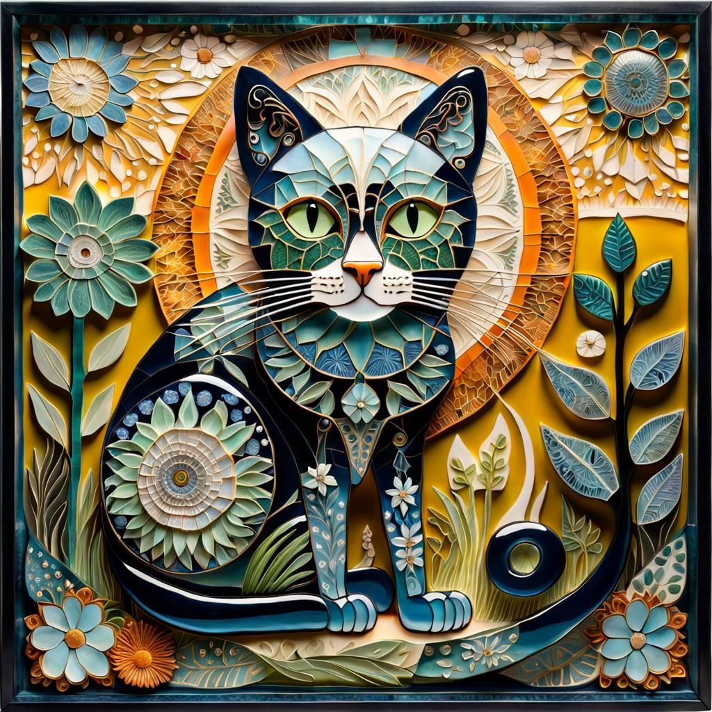 Whimsical Glass Cat in Folk Art Style