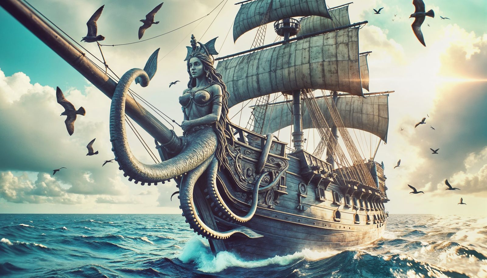 Pirate Galleon with Mermaid Figurehead Sails the Open Seas