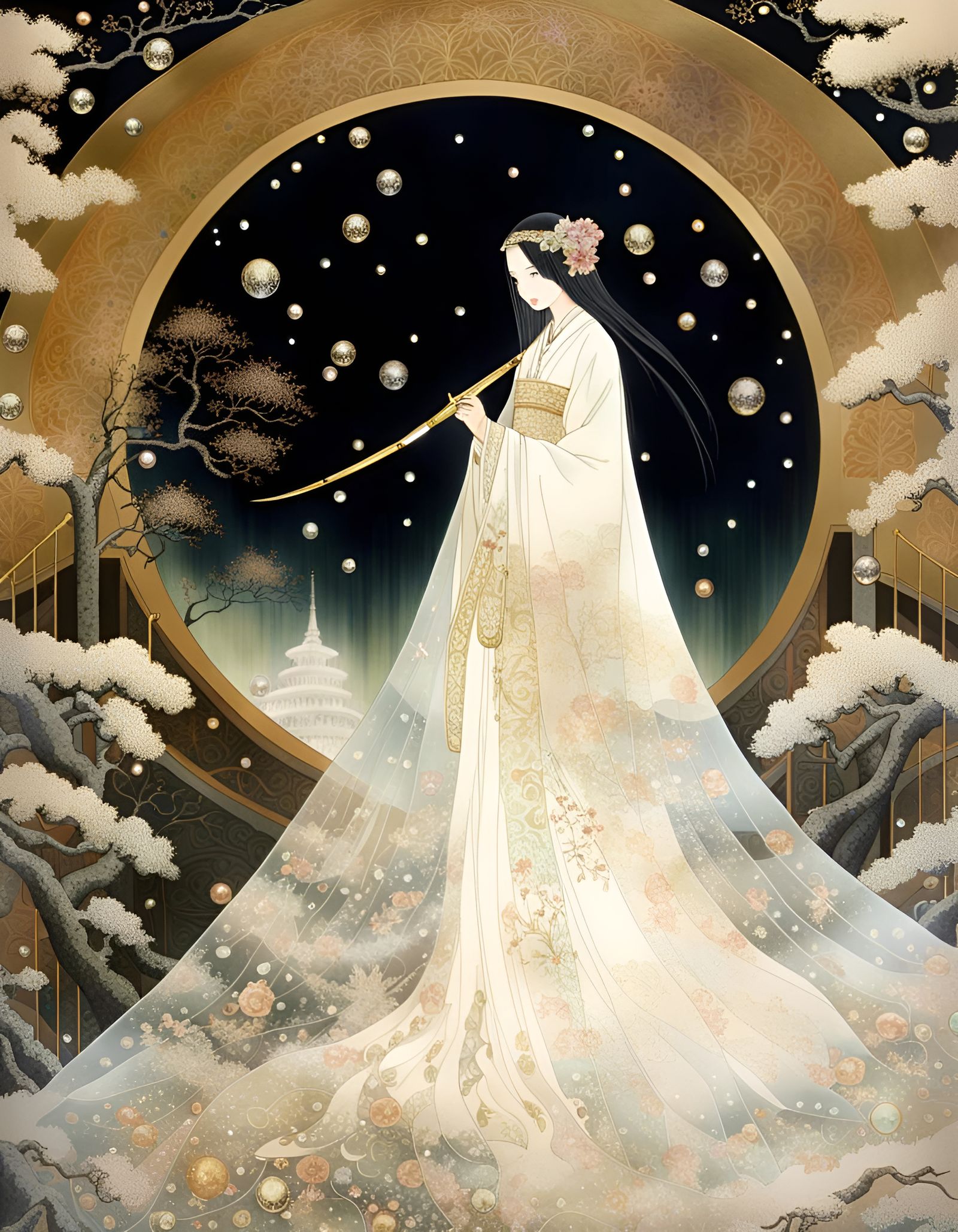 Gossamer Snow Spirit with Sword: Mixed Media Collage