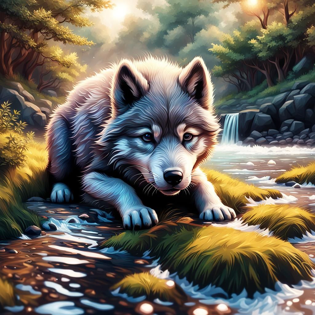 Chubby Wolf Puppy Drinks: Digital Matte Painting
