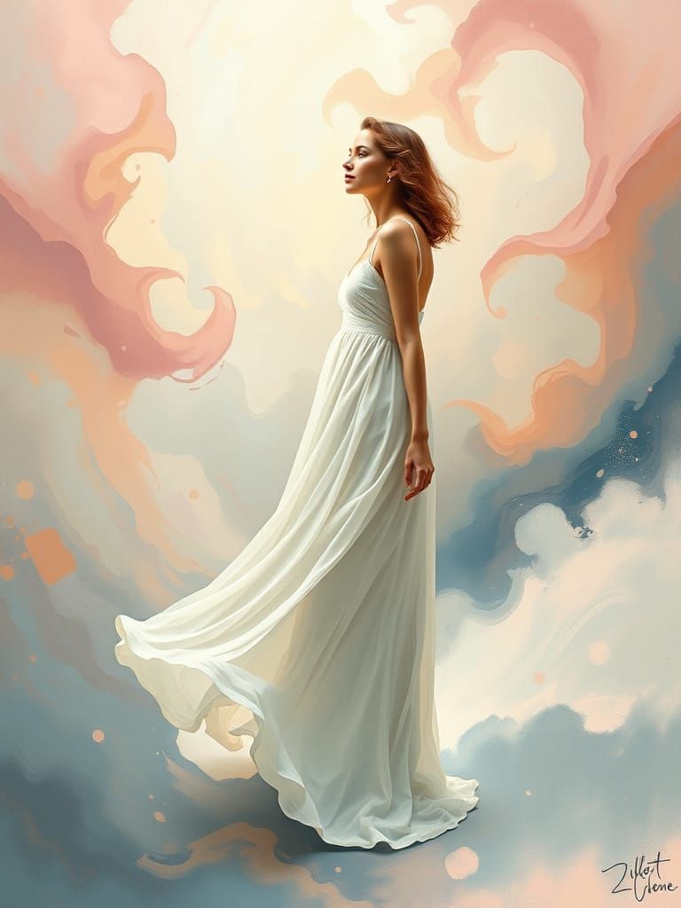 Woman in White Dress: Impressionist Pastel Dreamscape