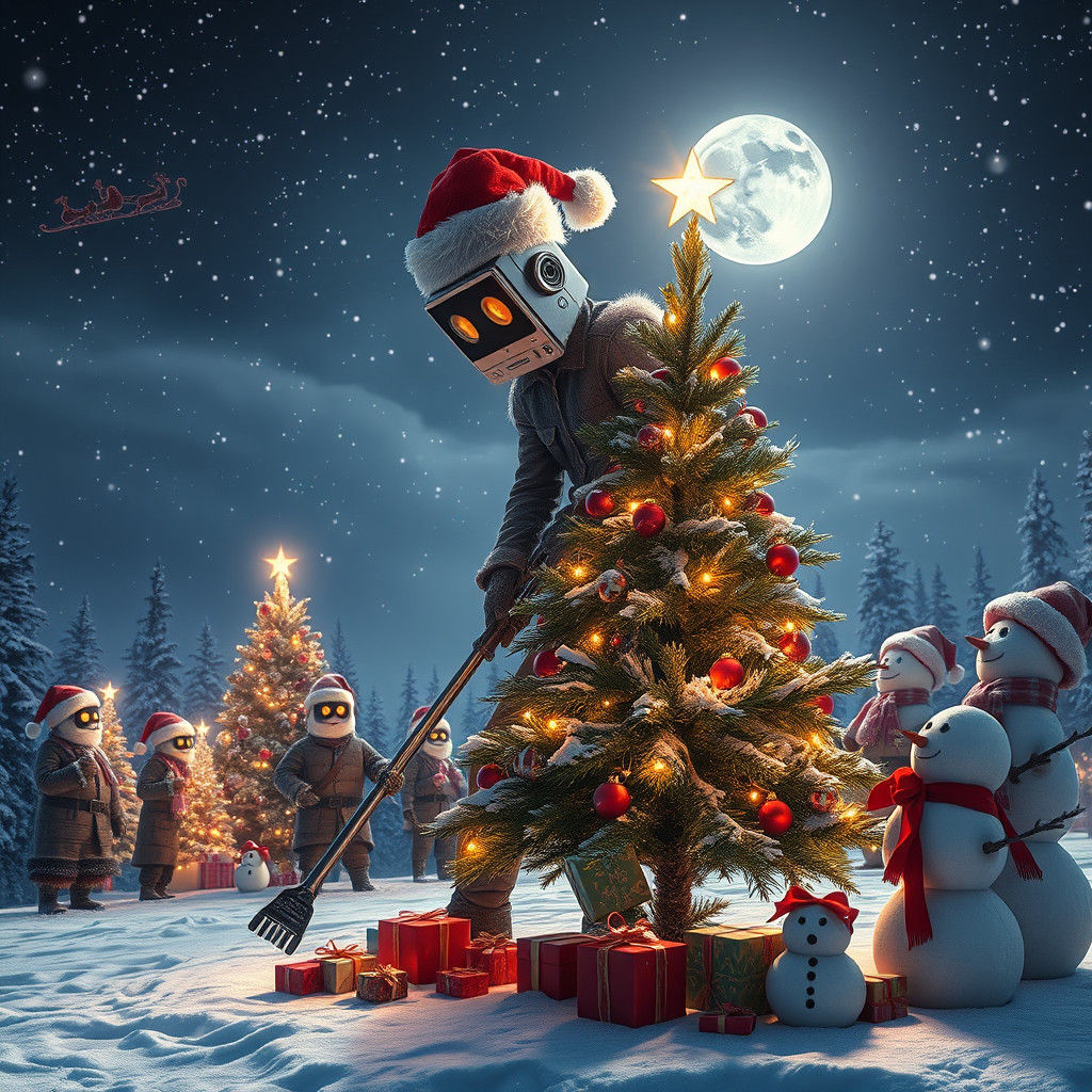 Festive Camera-Head Humanoid Cuts Christmas Tree