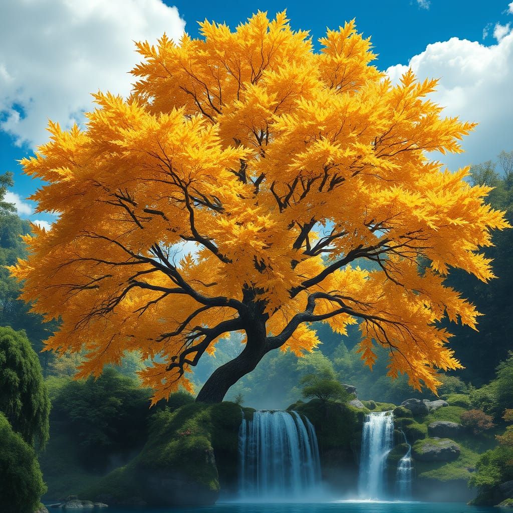 Majestic Maple Tree Over Serene Waterfall in Early Autumn