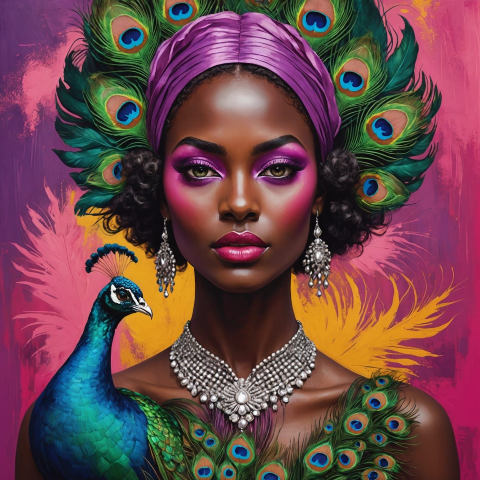 Abstract Portrait: Woman with Peacock Feather Hair