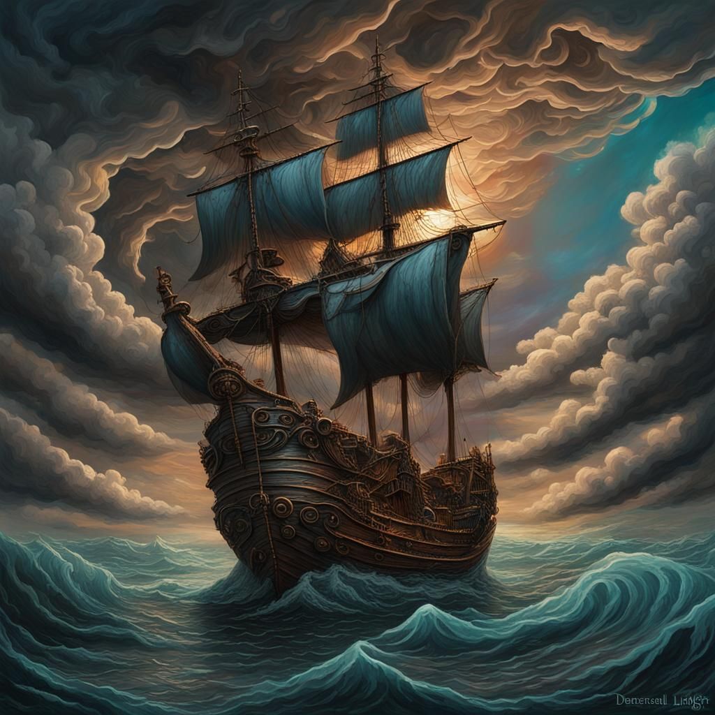 Ethereal Ship Navigates Storm in Acrylic Art Style
