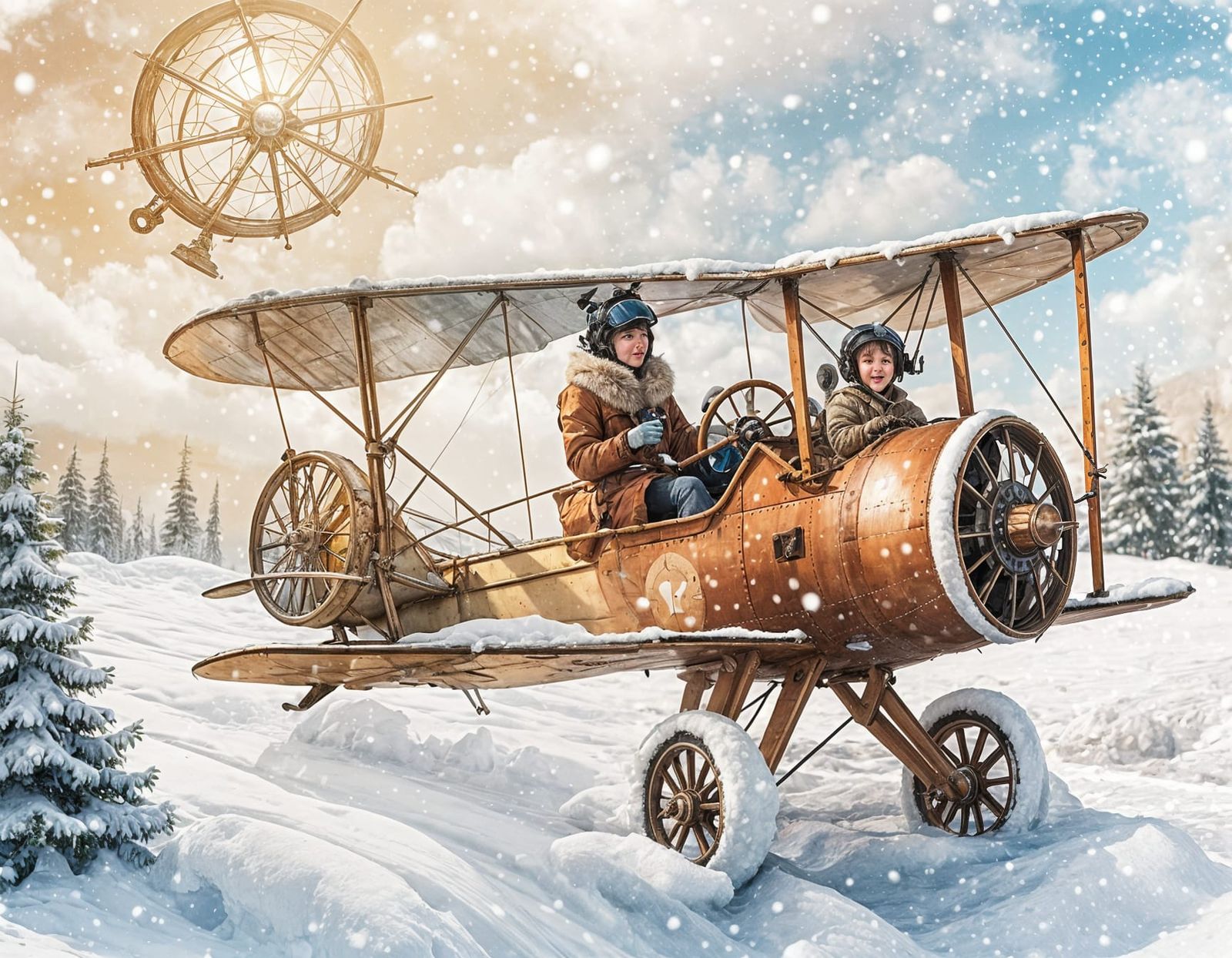 Tiny Pilot Steers Snowball Biplane Through Winter Scene