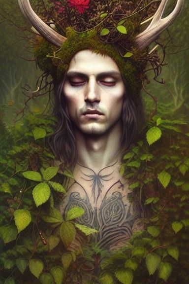 Wild Forest God with Antlers in Autumn Hues