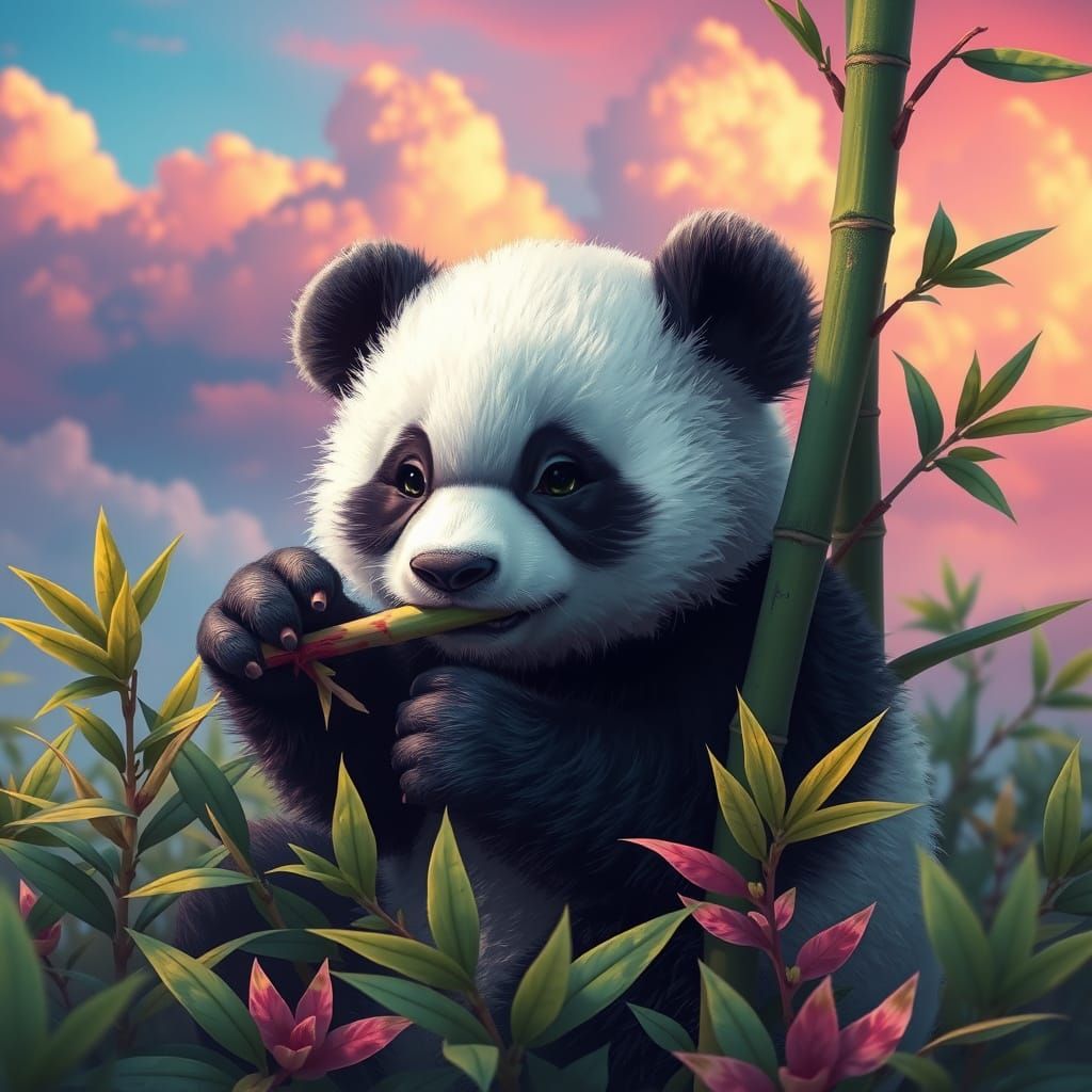 Vibrant Baby Panda Surrounded by Kaleidoscopic Sky